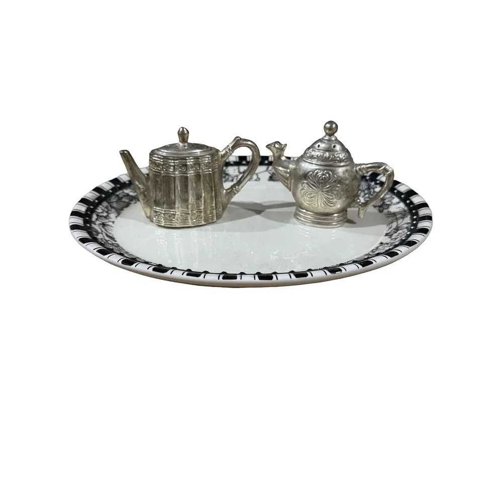 Godinger Silver Plated Teapot Coffee Pot Salt and Pepper Shakers Set Vintage